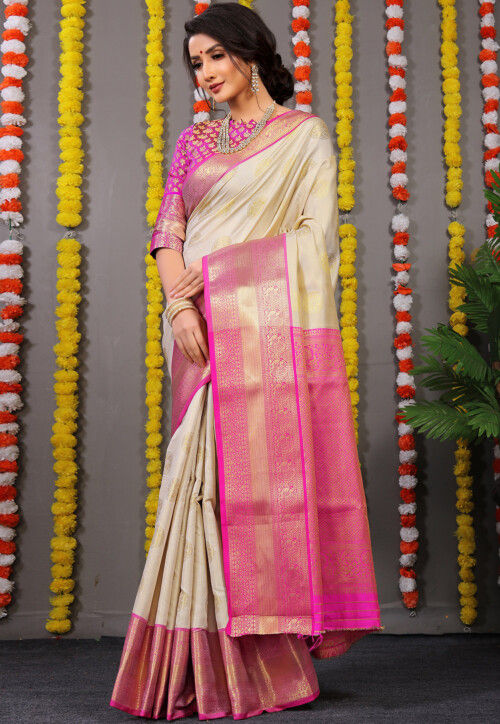 Dark Cream & Pink Kanjivaram Silk With Zari Weaving Saree – Bahuji - Online  Fashion & Lifestyle Store