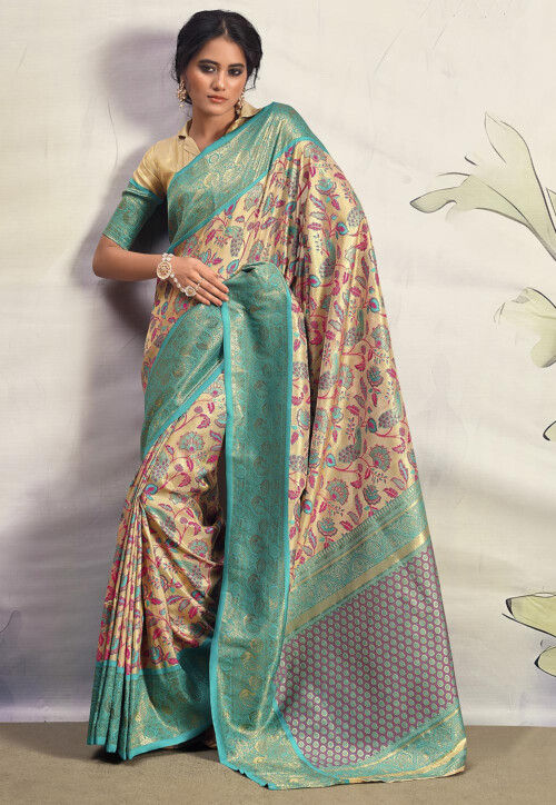 Woven Art Silk Saree in Cream and Sea Green