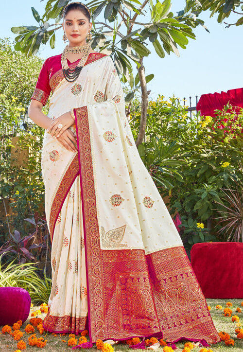 Cream Satin Saree with Red Border – kreationbykj