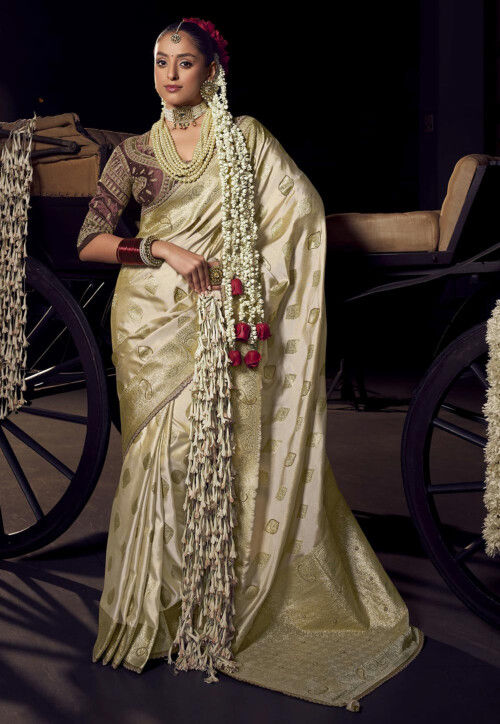 Woven Art Silk Jacquard Scalloped Saree in Cream