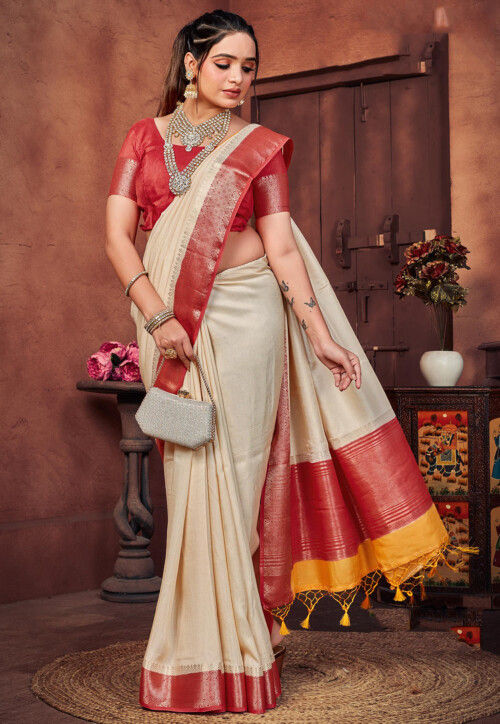 Woven Art Silk Saree in Cream
