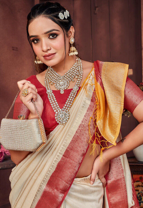 Woven Art Silk Saree in Cream