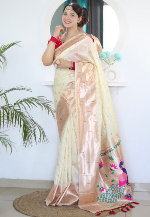 Woven Art Silk Saree in Cream