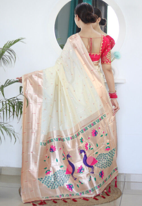 Woven Art Silk Saree in Cream