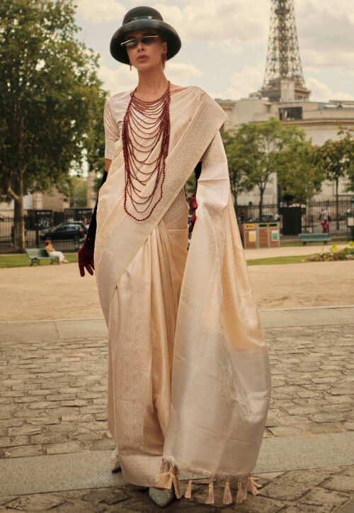 Woven Art Silk Saree in Cream
