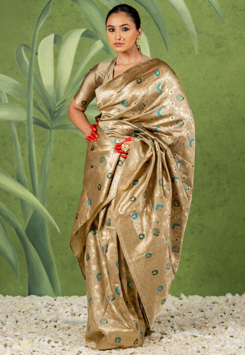 Woven Art Silk Saree in Dark Beige