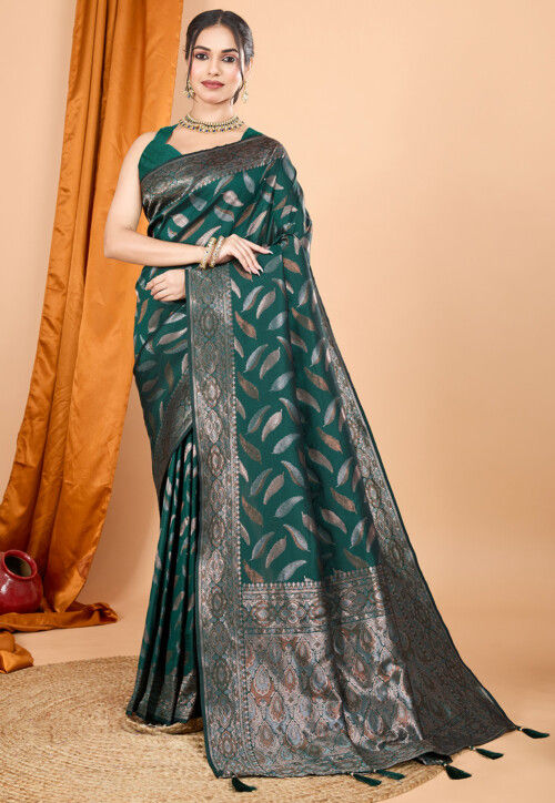 Woven Art Silk Saree in Dark Green