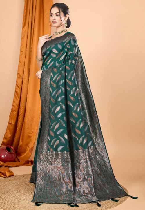 Woven Art Silk Saree in Dark Green