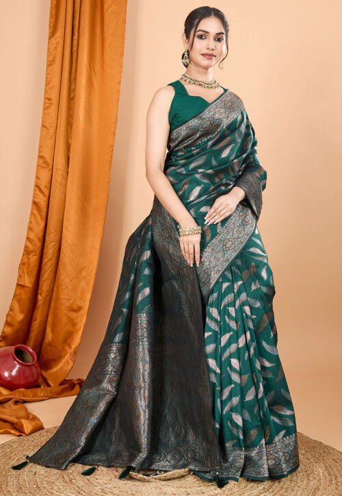 Woven Art Silk Saree in Dark Green