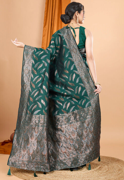 Woven Art Silk Saree in Dark Green