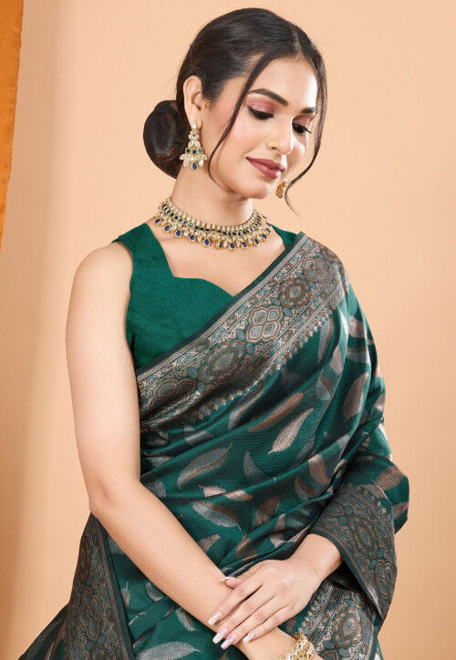 Woven Art Silk Saree in Dark Green