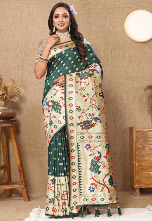 Woven Art Silk Saree in Dark Green
