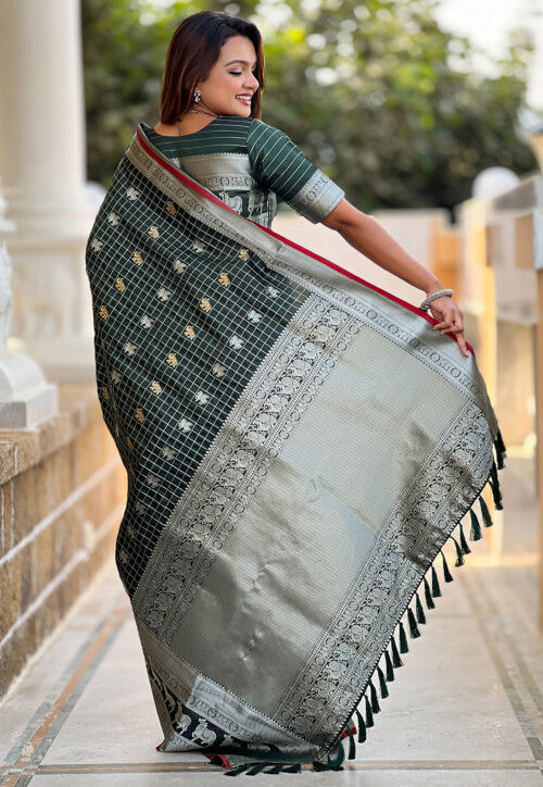 Woven Art Silk Saree in Dark Green