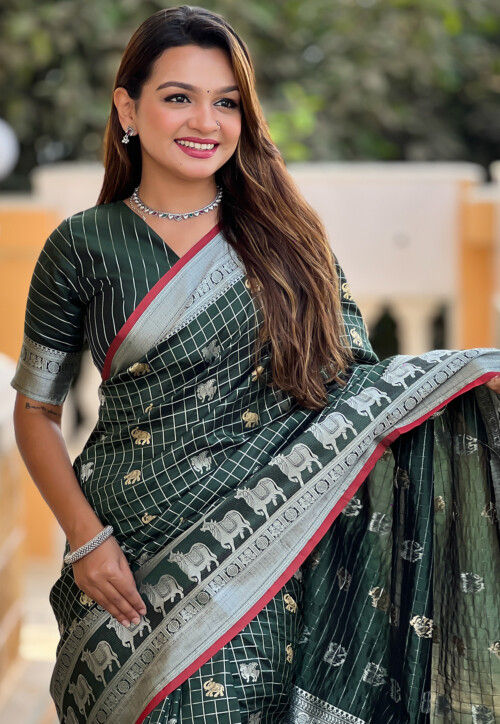 Woven Art Silk Saree in Dark Green