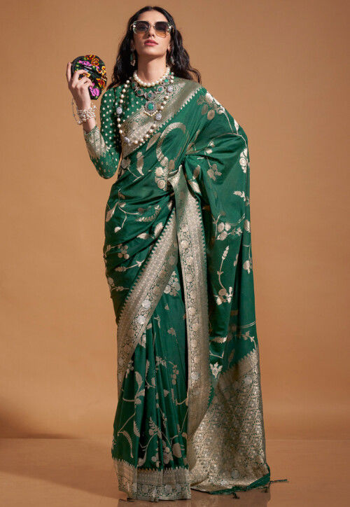 Woven Art Silk Saree in Dark Green