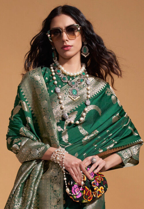 Woven Art Silk Saree in Dark Green