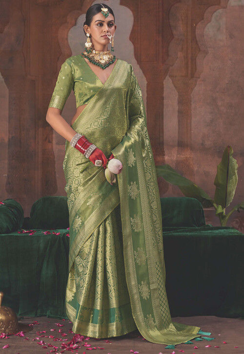 Woven Art Silk Saree in Dark Green