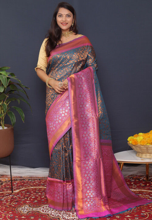 Woven Art Silk Saree in Dusty Blue