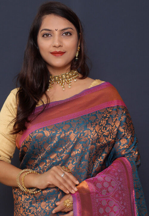 Woven Art Silk Saree in Dusty Blue