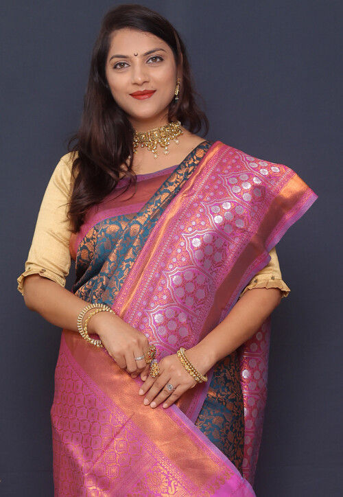 Woven Art Silk Saree in Dusty Blue