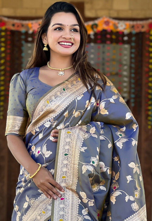 Woven Art Silk Saree in Dusty Blue