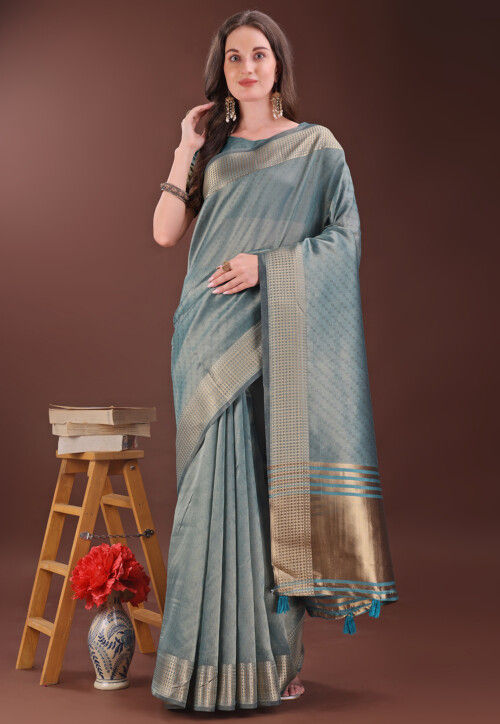Woven Art Silk Saree in Dusty Blue