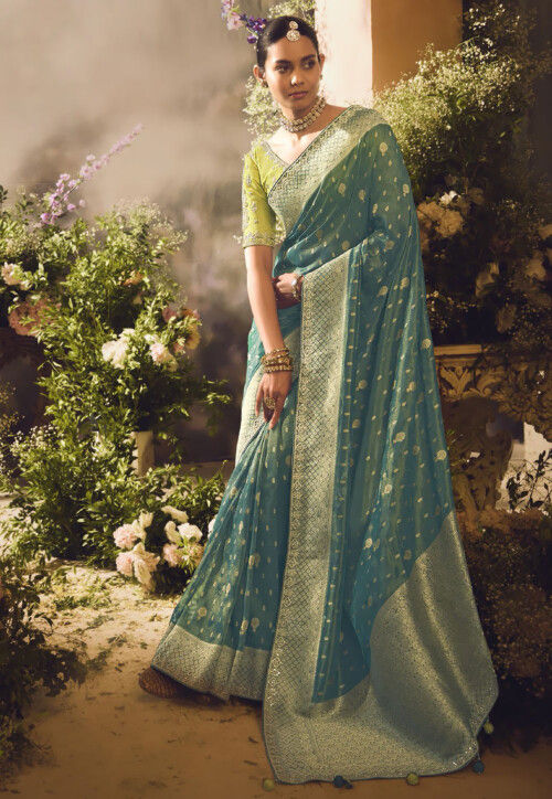 Woven Art Silk Saree in Dusty Green