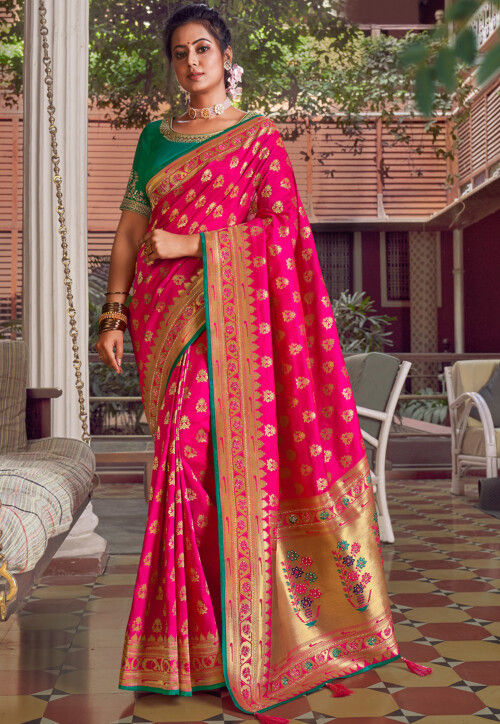 Sun Yellow And Magenta Half And Half Saree With Weaved Floral Jaal And  Bandhani Print Online - Kalki Fashion | Elegant saree, Chiffon saree party  wear, Half saree