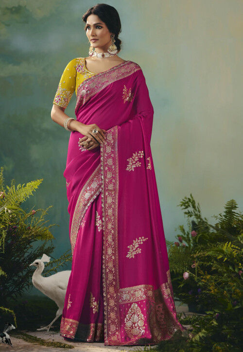 Woven Art Silk Scalloped Saree in Fuchsia