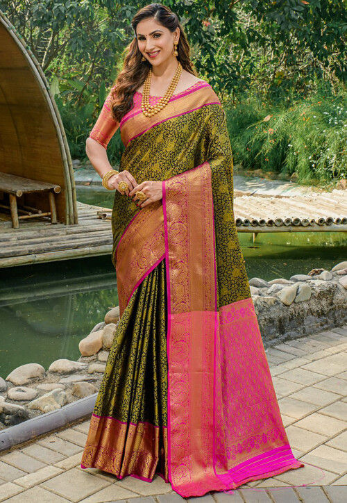 Green Copper Zari weaving Banarasi Soft Silk Saree – Sareeko