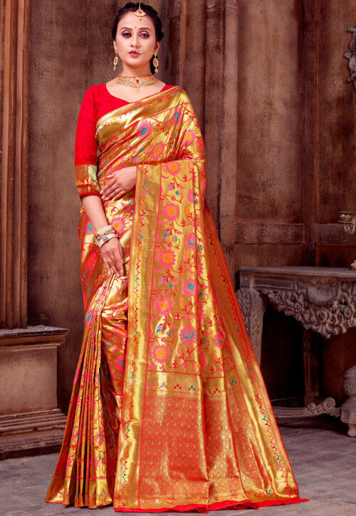 Red Chiniya Silk Saree with Golden Zari Stripes - Mirra Clothing