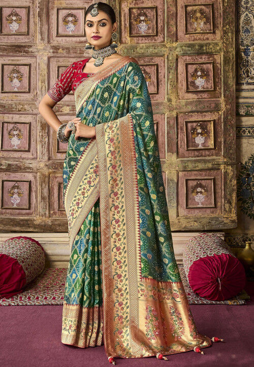 Woven Art Silk Saree in Green and Blue