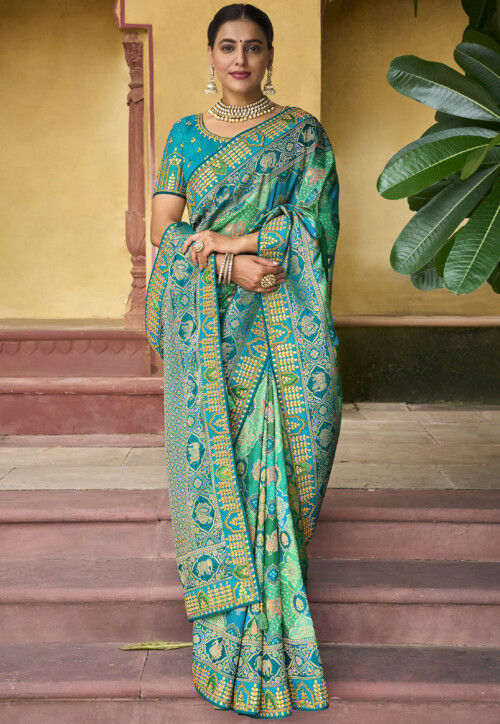 Woven Art Silk Saree in Green and Sky Blue