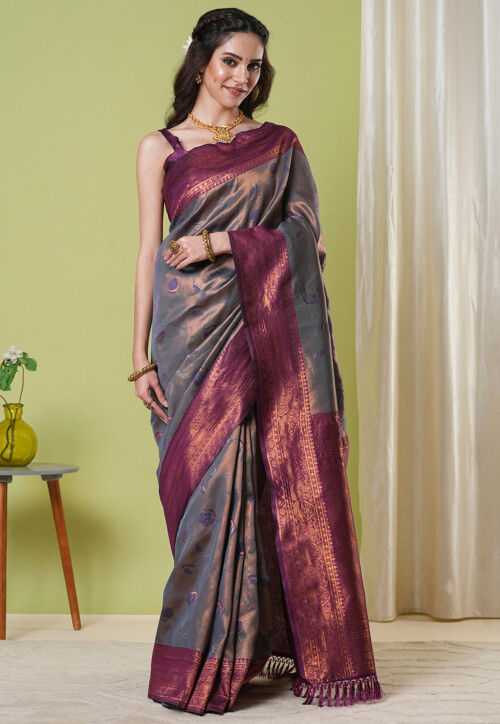 Woven Art Silk Saree in Grey