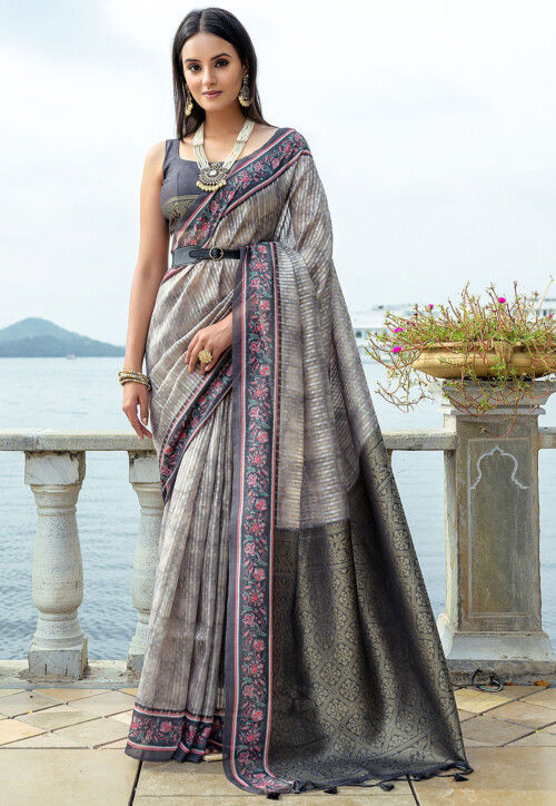 Woven Art Silk Saree in Grey