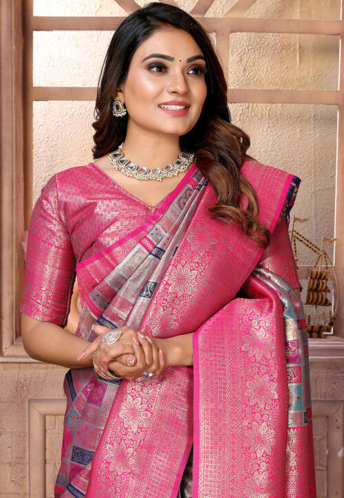 Woven Art Silk Saree in Grey