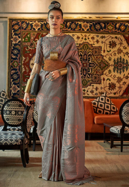 woven art silk saree in grey v1 syc10922