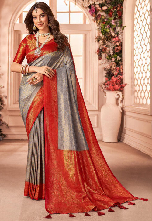 Woven Art Silk Saree in Grey