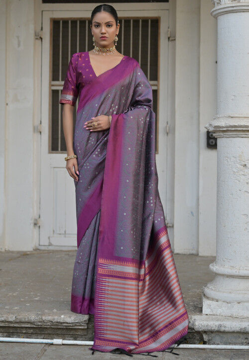 Woven Art Silk Saree in Grey