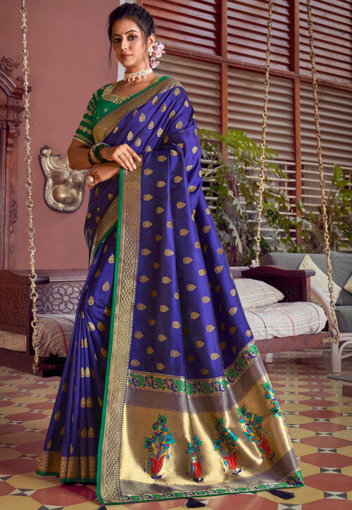 Shop Online Elegant Ink Blue Paithani Women's Silk Saree.