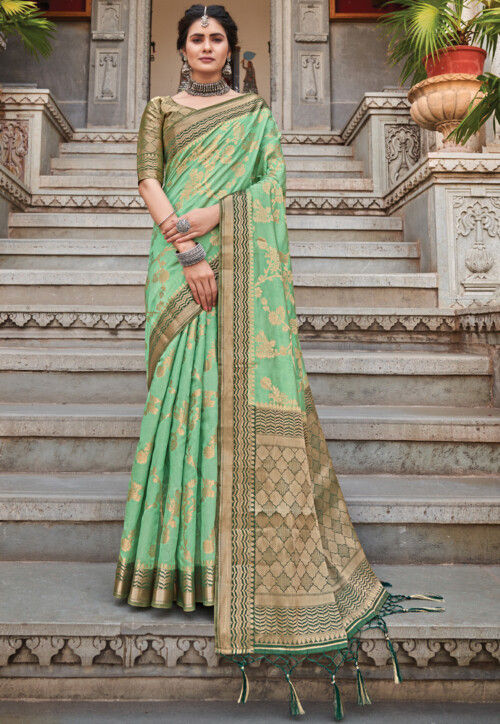 Woven Art Silk Saree in Light Green : SRFA884