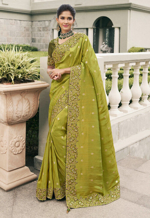 Woven Art Silk Saree in Light Olive Green