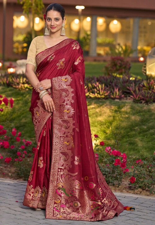 Woven Art Silk Saree in Maroon