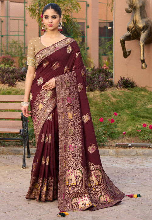 Woven Art Silk Saree in Maroon