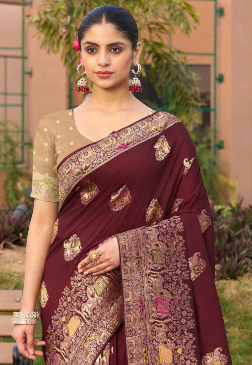 Woven Art Silk Saree in Maroon