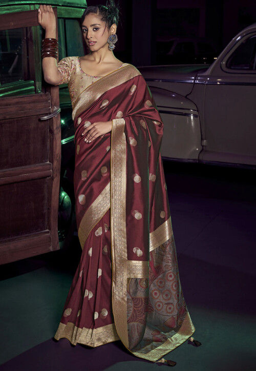 Woven Art Silk Saree in Maroon