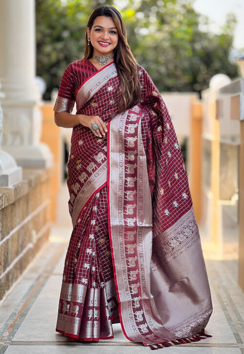 Woven Art Silk Saree in Maroon