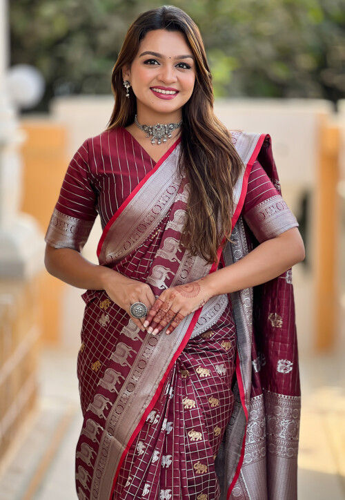 Woven Art Silk Saree in Maroon