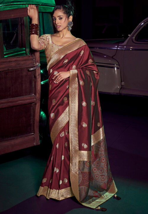 Woven Art Silk Saree in Maroon