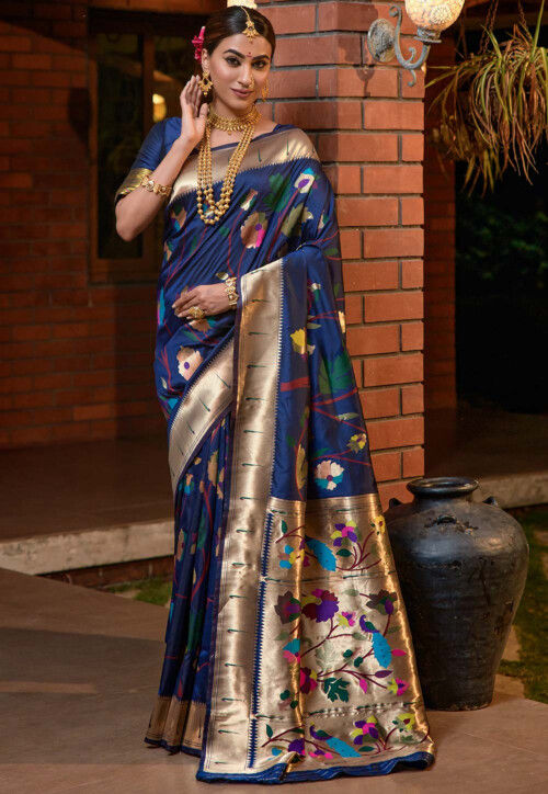 Buy Peacock blue woven south silk saree online at best price - Karagiri